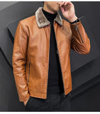 Winter Fashion Warmth Thickened Leather Jacket Lapel Solid Zipper Design Plus Size Men's Leather Jacket Bomber Fleece Coat - MisteryBox