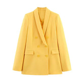 TRAFZA Women Spring Casual Suit Turn-Down Collar Long Sleeves Double-Breasted Blazers+Mid Waist Zipper Flared Pants Women Set - MisteryBox