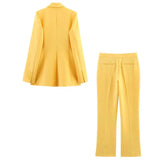 TRAFZA Women Spring Casual Suit Turn-Down Collar Long Sleeves Double-Breasted Blazers+Mid Waist Zipper Flared Pants Women Set - MisteryBox