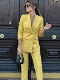 TRAFZA Women Spring Casual Suit Turn-Down Collar Long Sleeves Double-Breasted Blazers+Mid Waist Zipper Flared Pants Women Set - MisteryBox