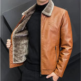 Winter Fashion Warmth Thickened Leather Jacket Lapel Solid Zipper Design Plus Size Men's Leather Jacket Bomber Fleece Coat - MisteryBox
