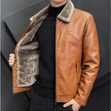 Winter Fashion Warmth Thickened Leather Jacket Lapel Solid Zipper Design Plus Size Men's Leather Jacket Bomber Fleece Coat - MisteryBox