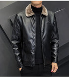 Winter Fashion Warmth Thickened Leather Jacket Lapel Solid Zipper Design Plus Size Men's Leather Jacket Bomber Fleece Coat - MisteryBox