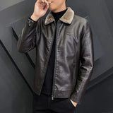 Winter Fashion Warmth Thickened Leather Jacket Lapel Solid Zipper Design Plus Size Men's Leather Jacket Bomber Fleece Coat - MisteryBox