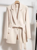 Women's Blazers Spring Autumn Suit Coat Beige Tie Up Jacket Slim Fit Stylish Top Outerwear Office Lady Blazer for Women Clothing - MisteryBox