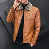 Winter Fashion Warmth Thickened Leather Jacket Lapel Solid Zipper Design Plus Size Men's Leather Jacket Bomber Fleece Coat - MisteryBox