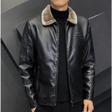 Winter Fashion Warmth Thickened Leather Jacket Lapel Solid Zipper Design Plus Size Men's Leather Jacket Bomber Fleece Coat - MisteryBox