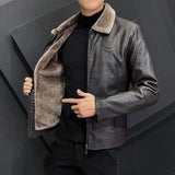 Winter Fashion Warmth Thickened Leather Jacket Lapel Solid Zipper Design Plus Size Men's Leather Jacket Bomber Fleece Coat - MisteryBox