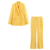 TRAFZA Women Spring Casual Suit Turn-Down Collar Long Sleeves Double-Breasted Blazers+Mid Waist Zipper Flared Pants Women Set - MisteryBox