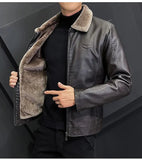 Winter Fashion Warmth Thickened Leather Jacket Lapel Solid Zipper Design Plus Size Men's Leather Jacket Bomber Fleece Coat - MisteryBox
