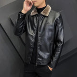 Winter Fashion Warmth Thickened Leather Jacket Lapel Solid Zipper Design Plus Size Men's Leather Jacket Bomber Fleece Coat - MisteryBox