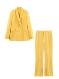 TRAFZA Women Spring Casual Suit Turn-Down Collar Long Sleeves Double-Breasted Blazers+Mid Waist Zipper Flared Pants Women Set - MisteryBox